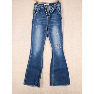 KanCan Women High Rise Button Fly Distressed Flare Jeans Medium Wash Sz‎ 25 FAIR